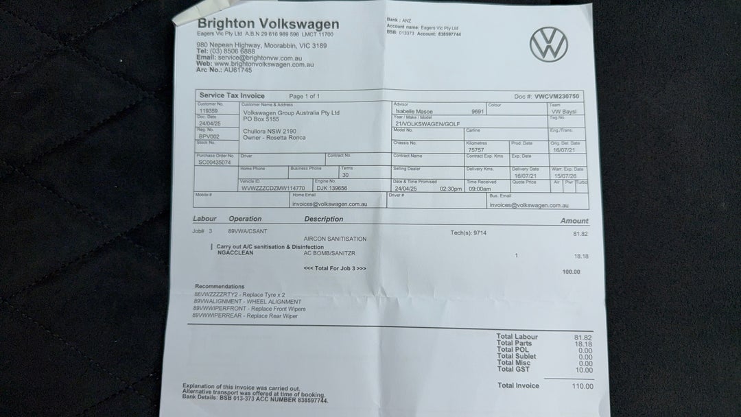 2021 Volkswagen Golf 110tsi Life, Automatic, 86909 km, Service History