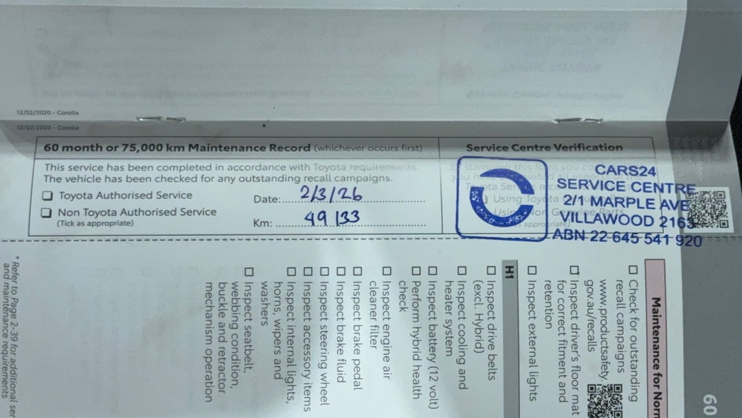 2020 Toyota Corolla Ascent Sport, Automatic, 49133 km, Service History