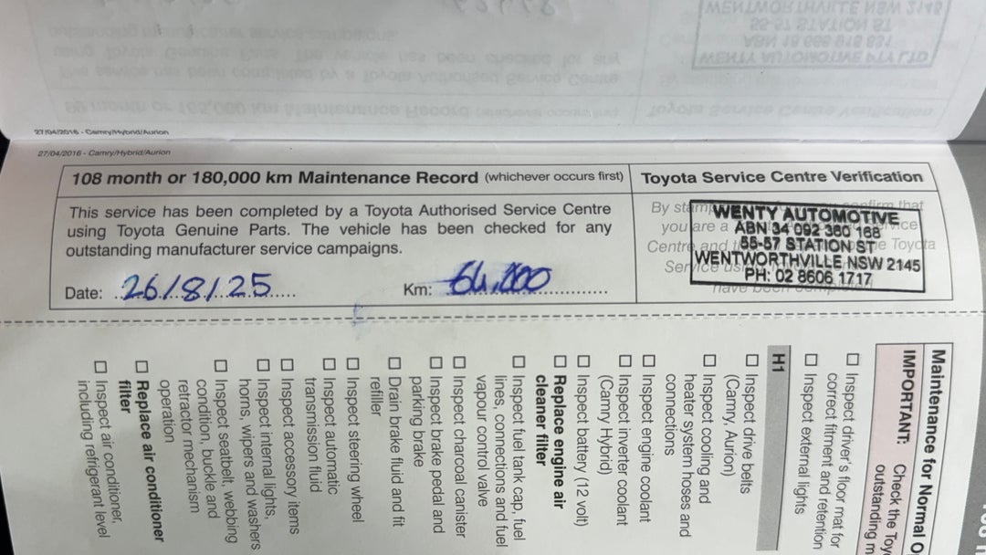 2017 Toyota Camry Altise, Automatic, 65184 km, Service History