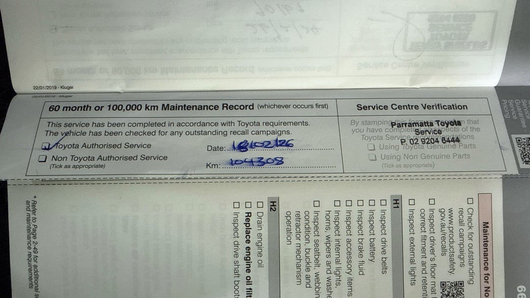 2019 Toyota Kluger Gx (4x2), Automatic, 105039 km, Service History