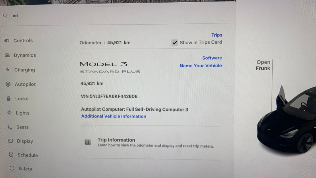 2019 Tesla Model 3 Standard Range Plus, Automatic, 45921 km, Odometer View