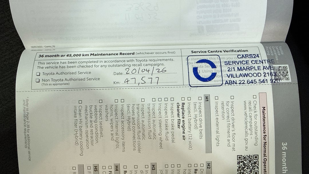 2024 Toyota Camry Ascent, Automatic, 47577 km, Service History