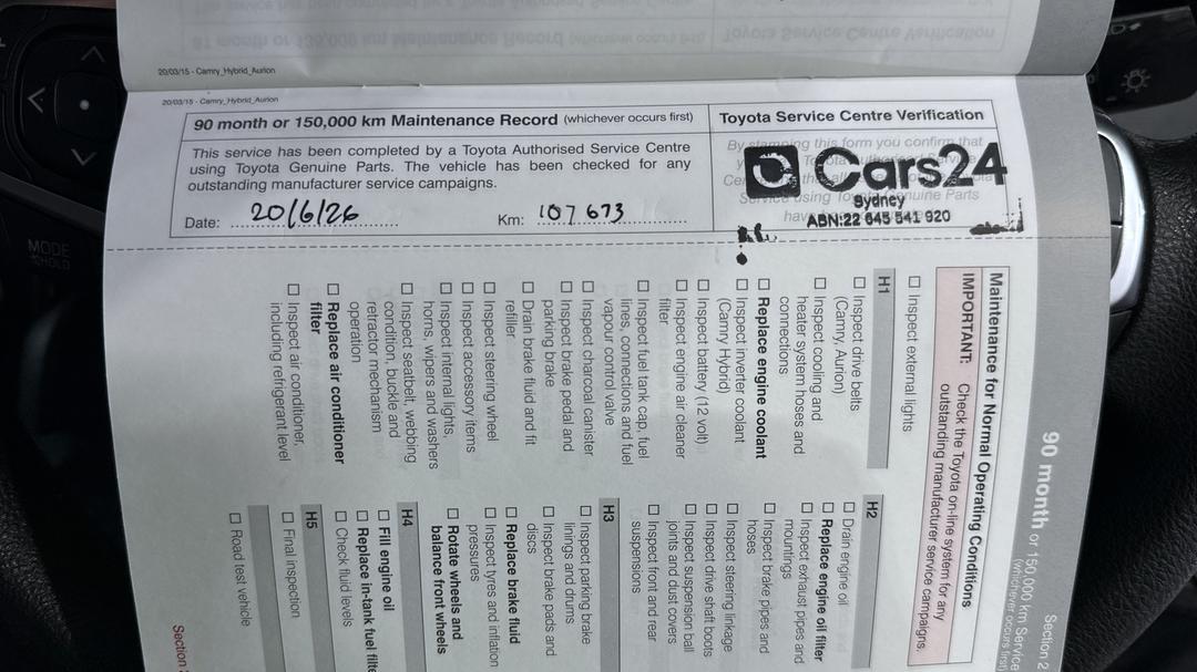 2015 Toyota Camry Altise, Automatic, 107674 km, Service History