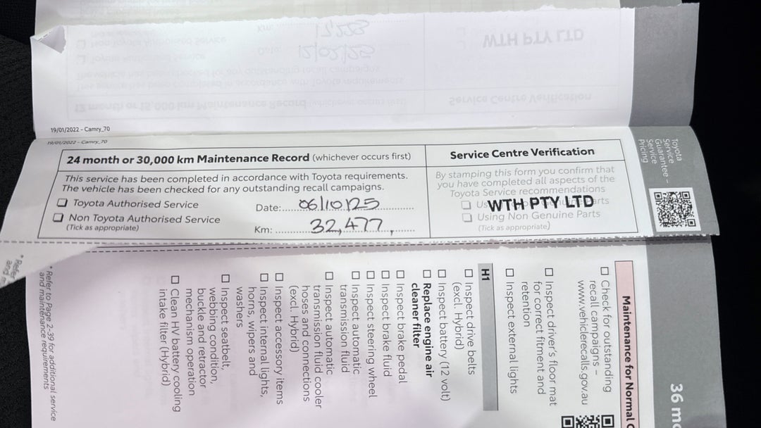 2024 Toyota Camry Ascent, Automatic, 46370 km, Service History