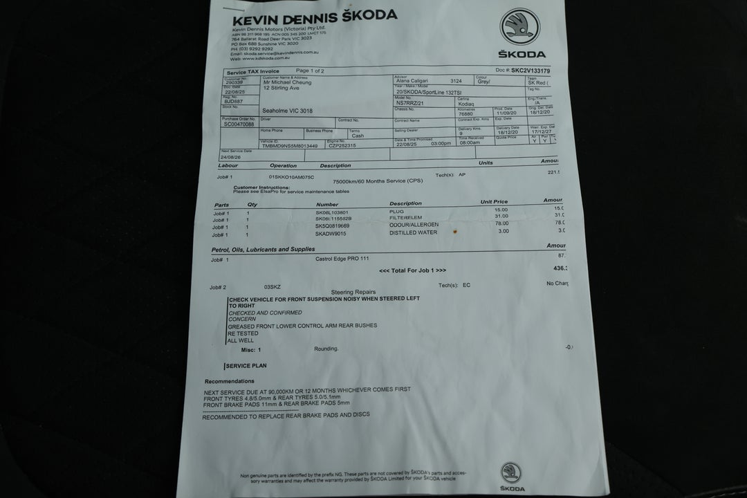 2020 SKODA Kodiaq 132 Tsi Sportline (4x4), Automatic, 87638 km, Service History