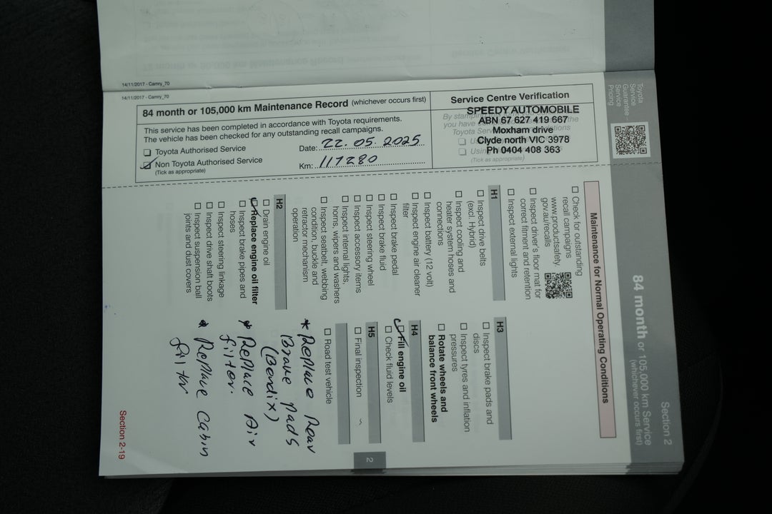 2018 Toyota Camry Ascent, Automatic, 123349 km, Service History