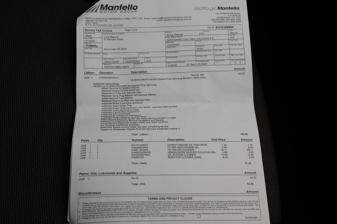 2021 Kia Cerato S, Automatic, 72502 km, Service History