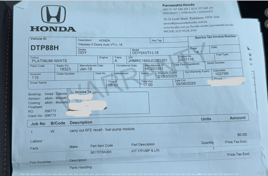 2018 Honda Odyssey Vti-l, Automatic, 106390 km, Service History
