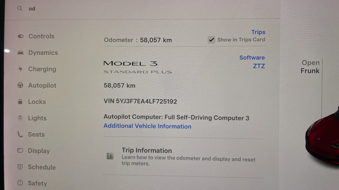 2020 Tesla Model 3 Standard Range RWD, Automatic, 58057 km, Odometer View