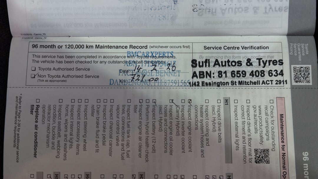 2019 Toyota Camry Ascent, Automatic, 72812 km, Service History