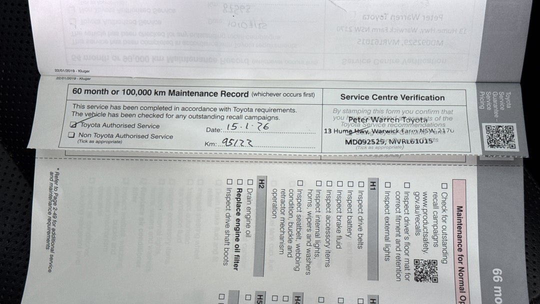 2019 Toyota Kluger Gxl (4x2), Automatic, 96867 km, Service History