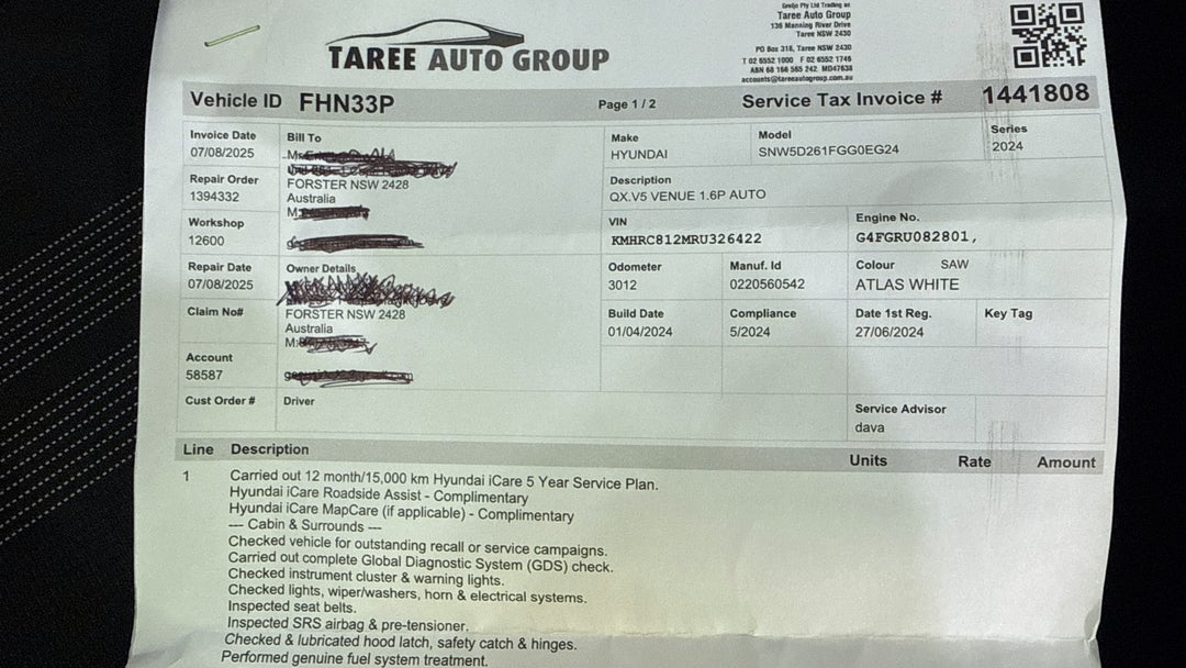 2024 Hyundai Venue Venue, Automatic, 3624 km, Service History