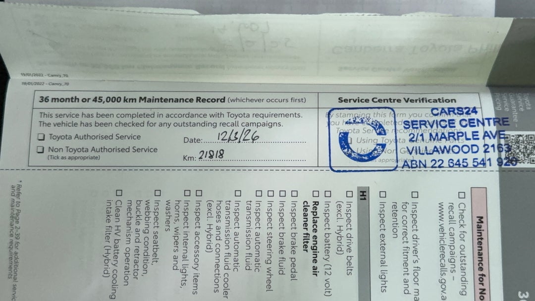 2022 Toyota Camry Ascent, Automatic, 21830 km, Service History