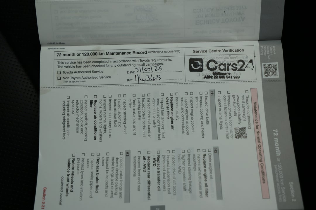 2018 Toyota Kluger Gxl (4x2), Automatic, 114349 km, Service History