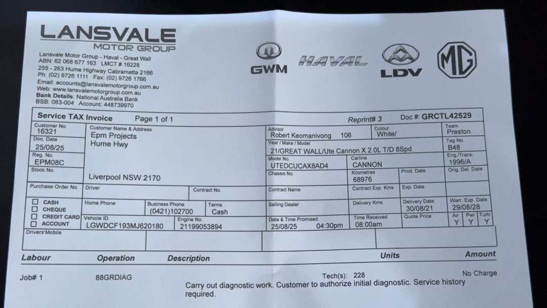 2021 GWM Ute Cannon-X (4x4), Automatic, 72365 km, Service History